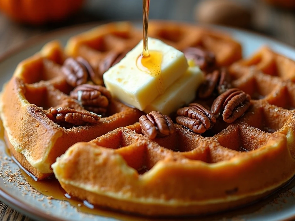 Vegan pumpkin waffle topped with maple syrup vegan butter and pecans