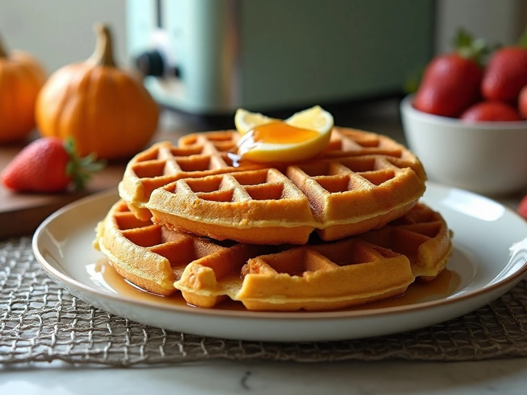 Reheated vegan pumpkin waffles ready to serve