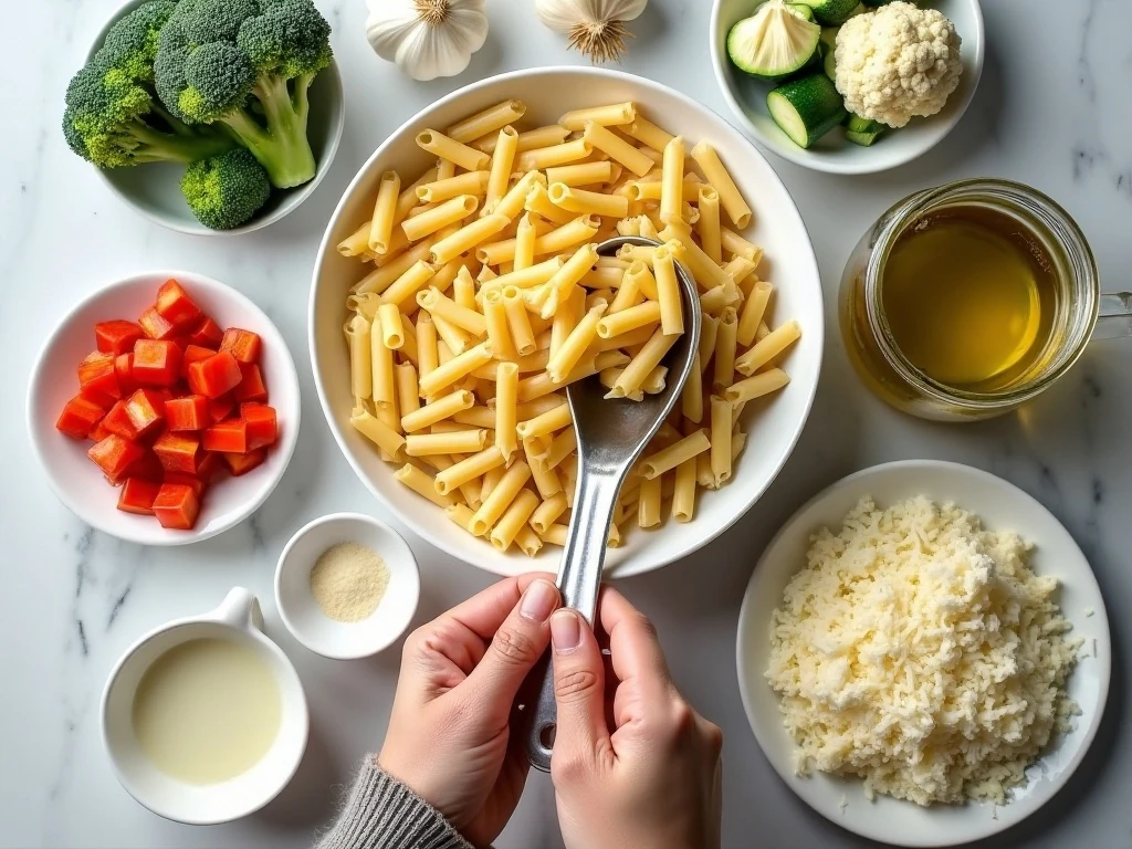 Ingredients for easy vegetable Alfredo pasta bake arranged on a counter