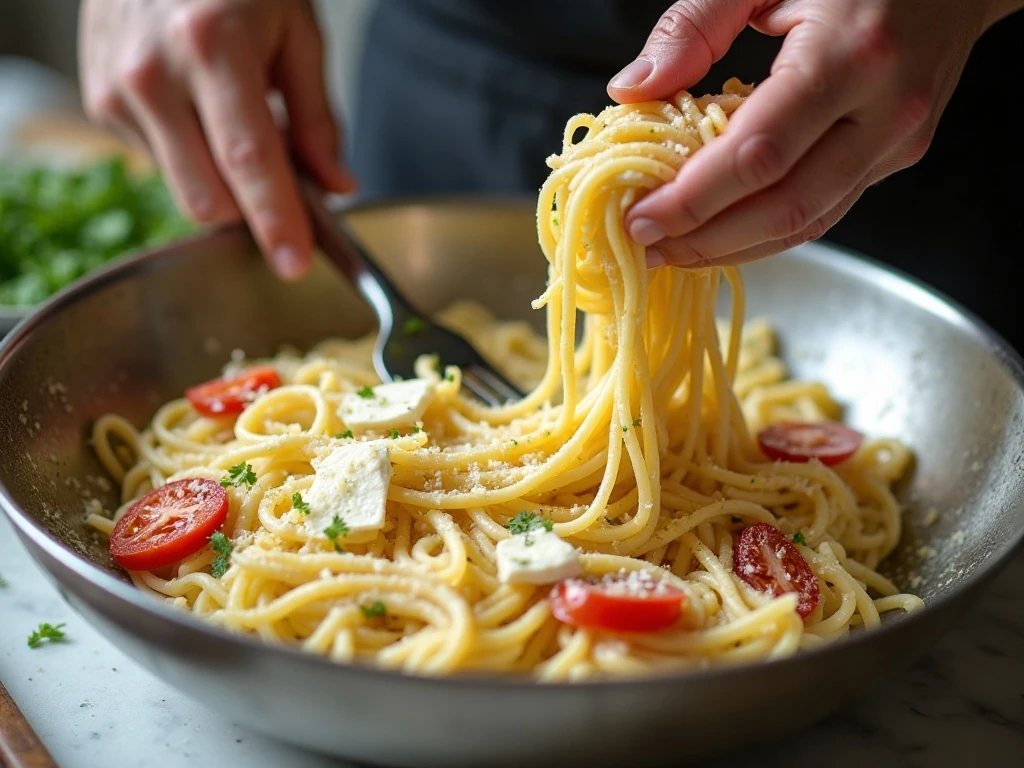 Pasta vegetables and Alfredo sauce being combined before baking