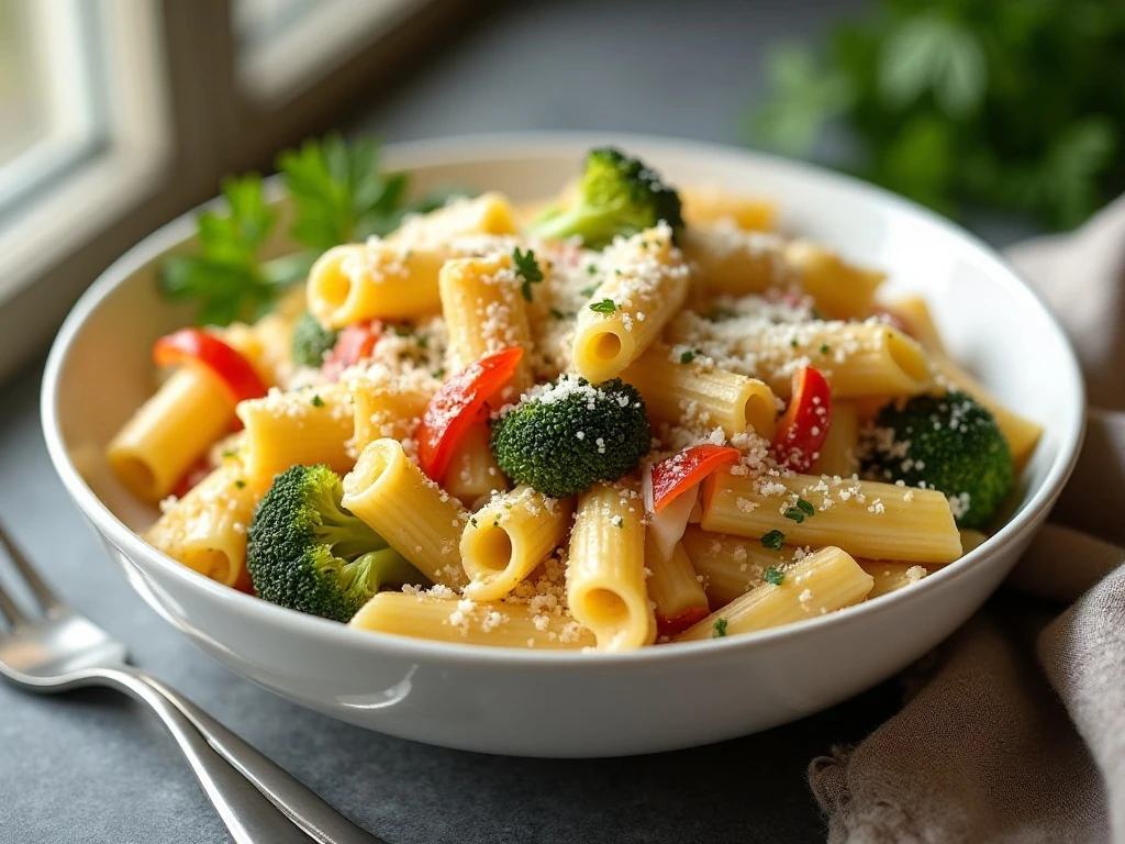 Plated vegetable Alfredo pasta bake with golden melted cheese