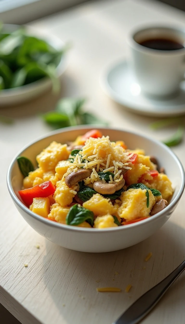 Easy Vegetable Breakfast Scramble Recipe with Fresh Spinach and Mushrooms