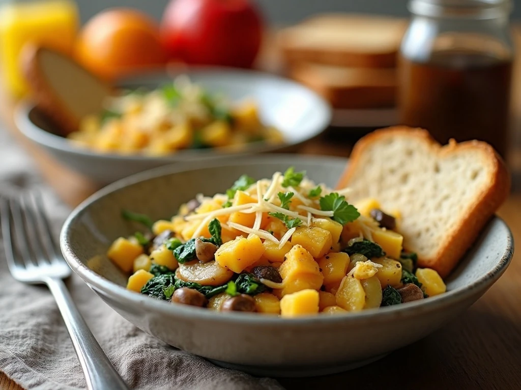 Two bowls of colorful vegetable breakfast scramble served with toast and fruit