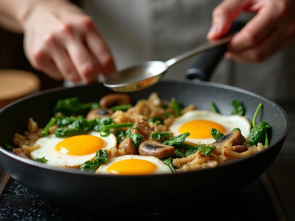 Vegetables cooking in a skillet for a breakfast scramble