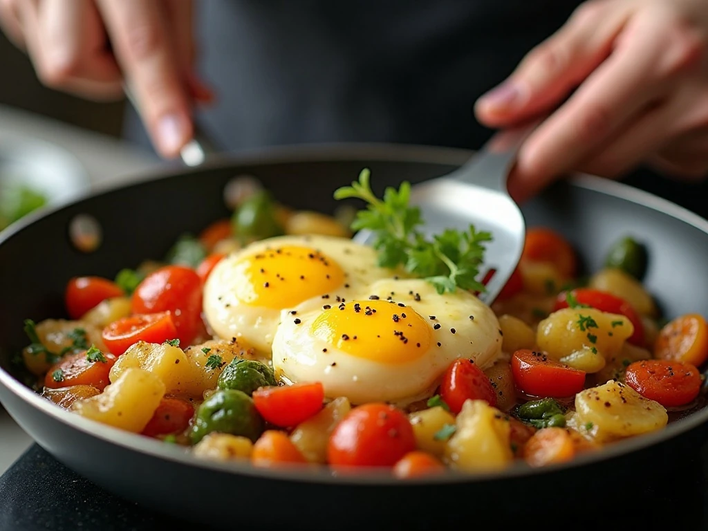 Softly set eggs being folded with sautéed vegetables