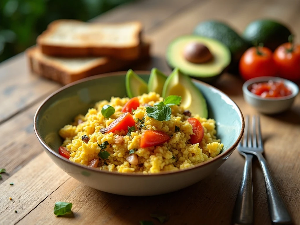 Vegetable scramble served with toast, avocado, fruit, and salsa