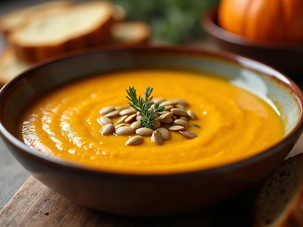 Bowl of creamy vegetarian butternut squash soup with pumpkin seeds and crusty bread