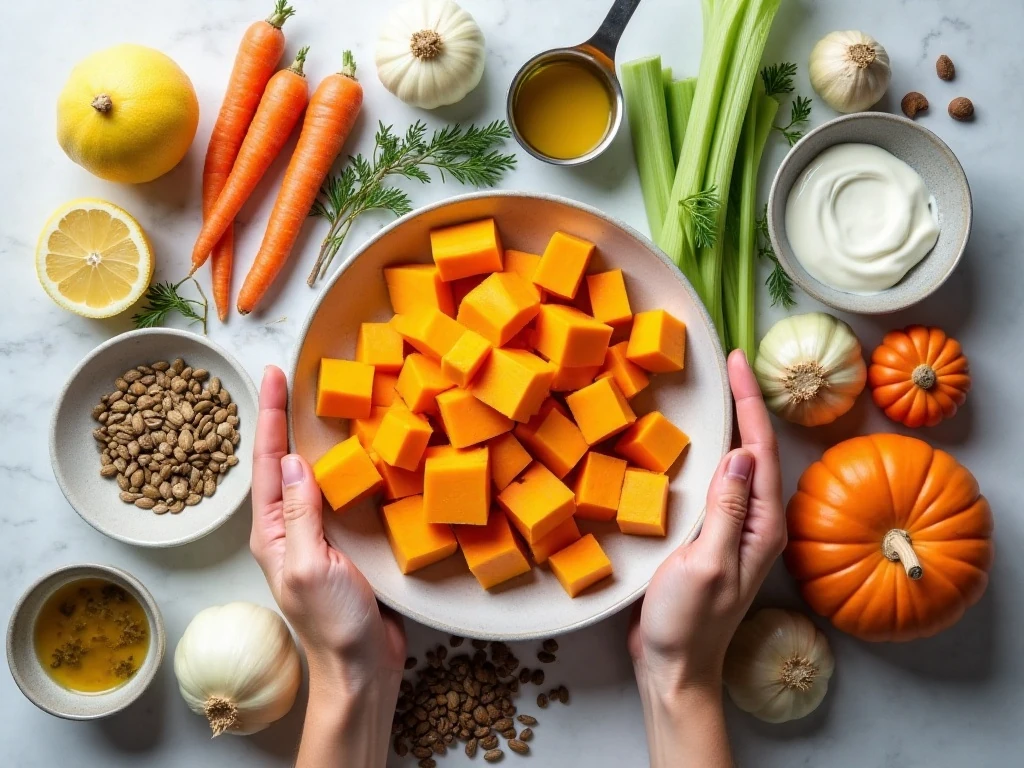 Ingredients for creamy vegetarian butternut squash soup arranged on a counter