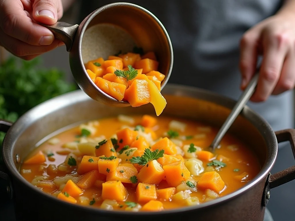 Roasted butternut squash added to the soup pot with aromatic vegetables