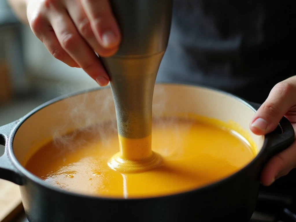 Blending roasted butternut squash soup until smooth