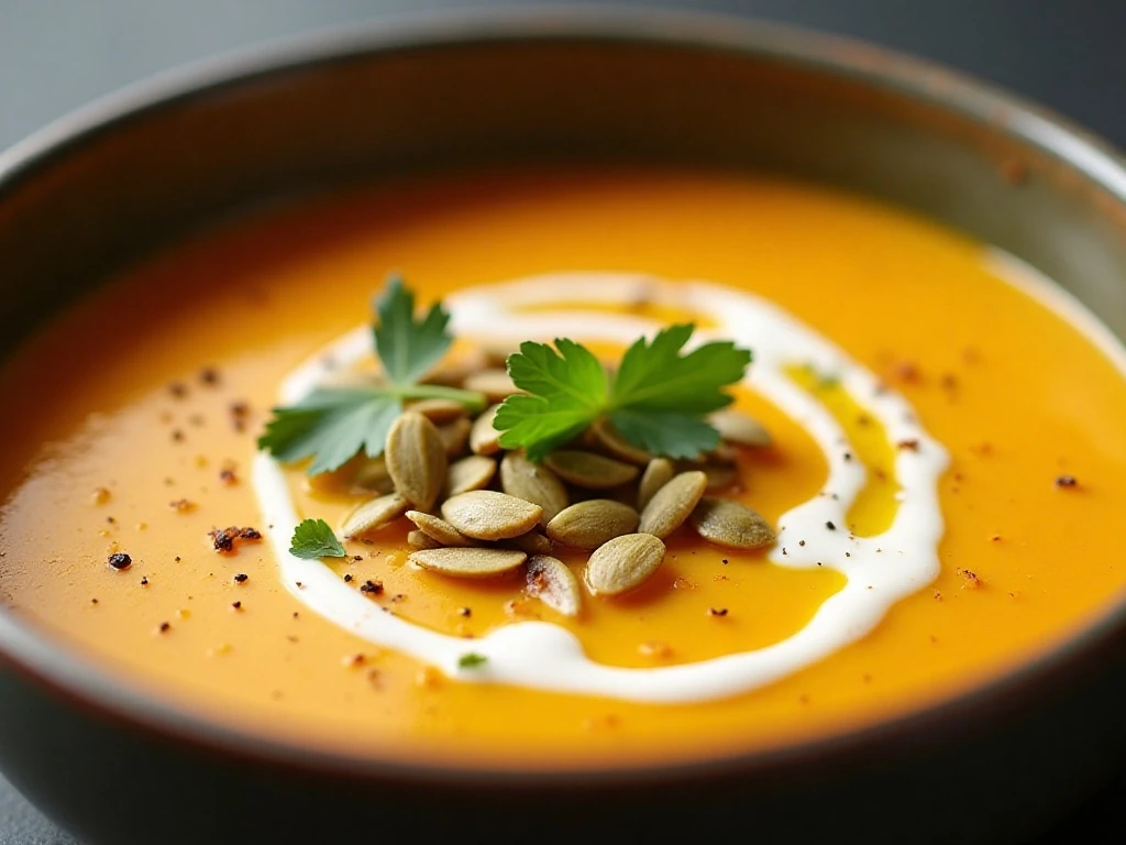 Butternut squash soup topped with pumpkin seeds, herbs, cream, and olive oil