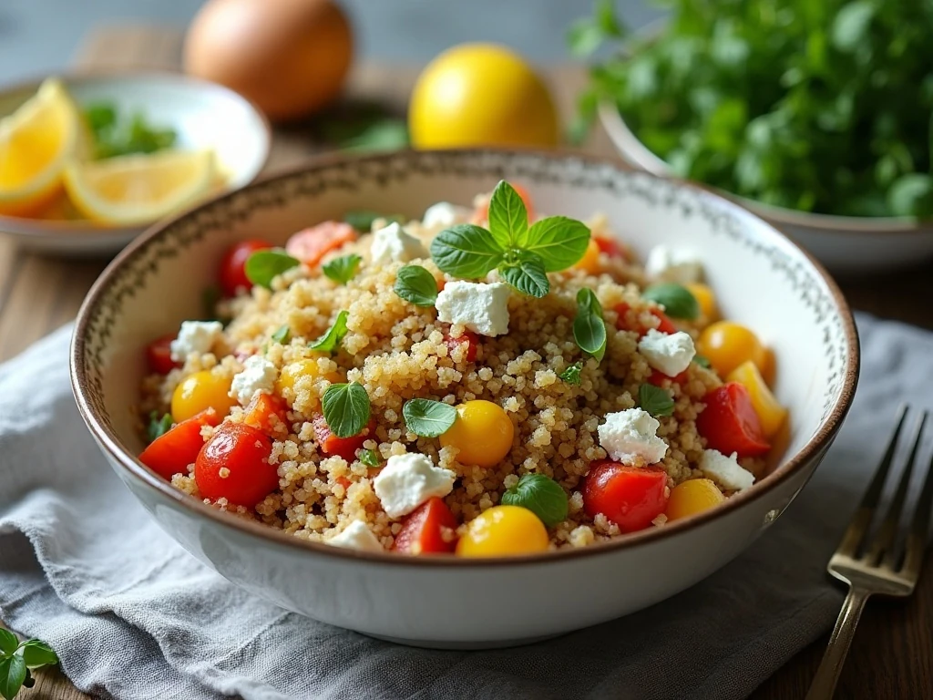 Colorful vegetarian Greek quinoa salad in a serving bowl