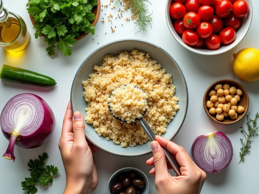 Ingredients for vegetarian Greek quinoa salad