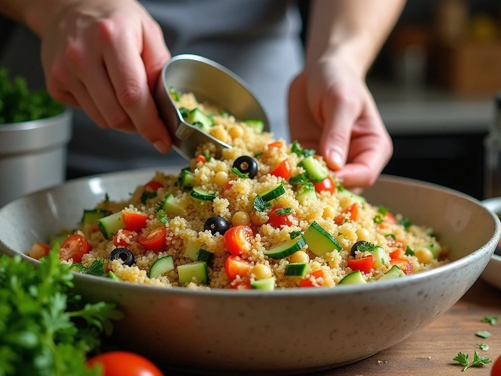 Mixing cooled quinoa with Greek salad ingredients