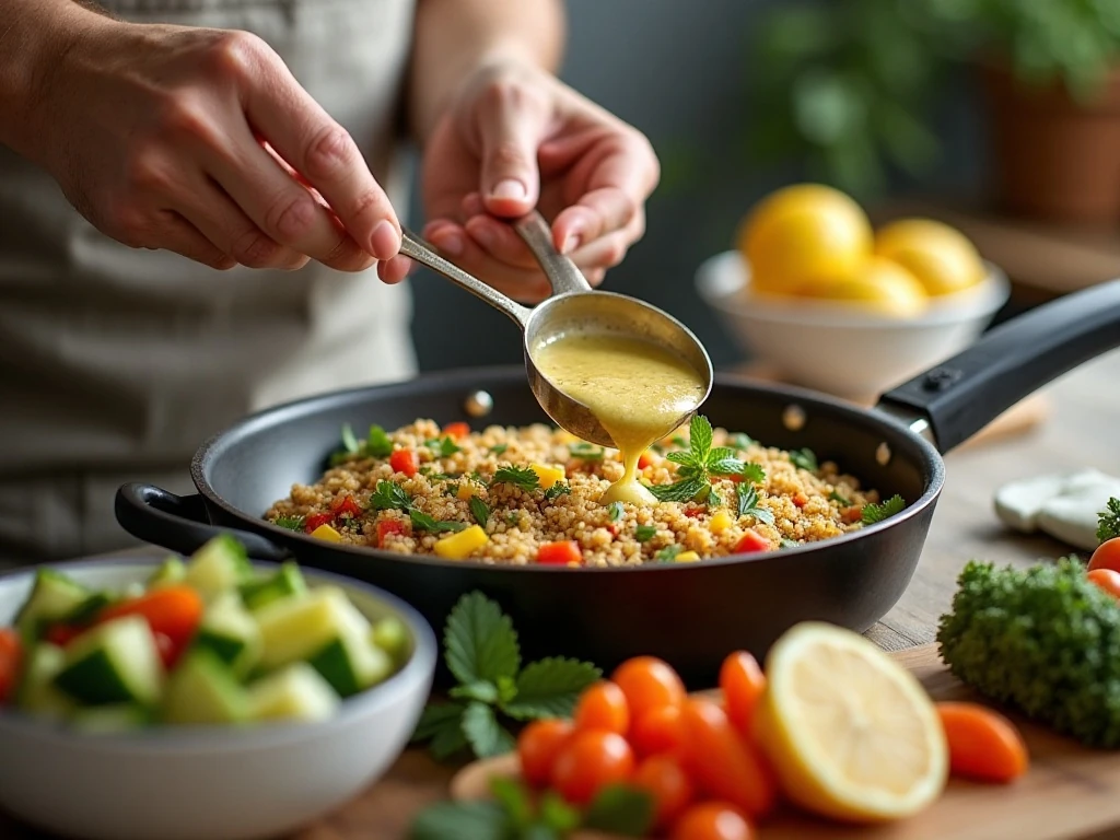 Toasting quinoa and preparing Greek salad dressing