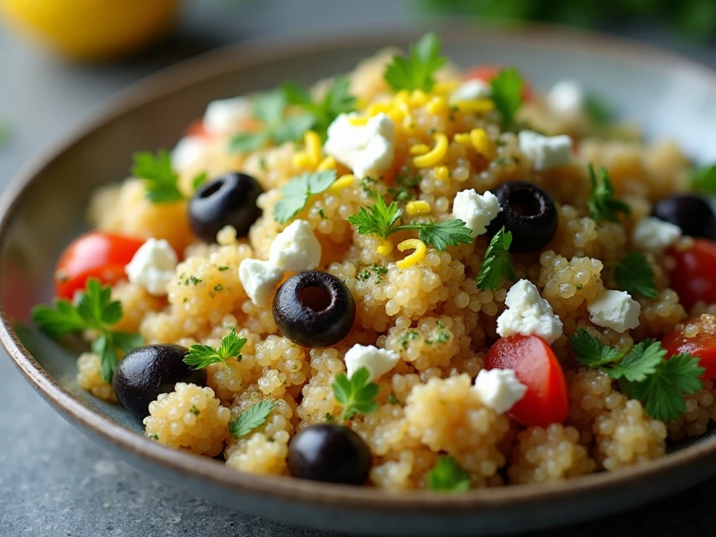 Close-up of feta and herb garnish on Greek quinoa salad