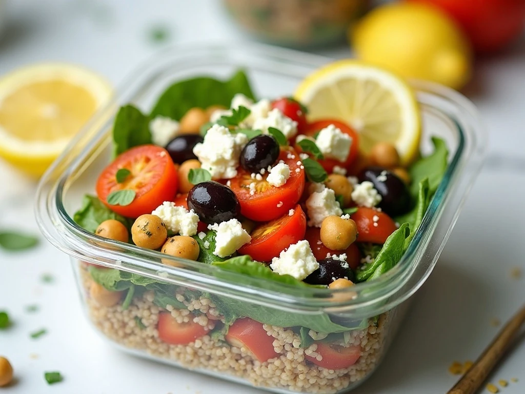 Make-ahead vegetarian Greek quinoa salad in a container