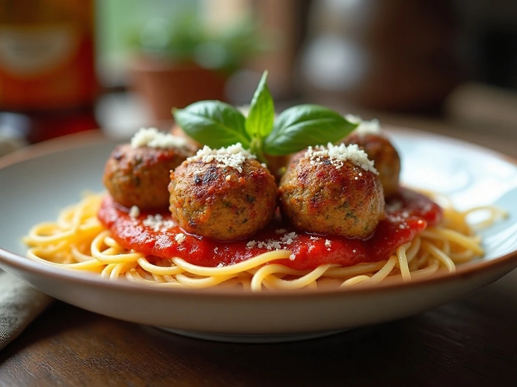 Baked vegetarian meatballs with marinara and spaghetti