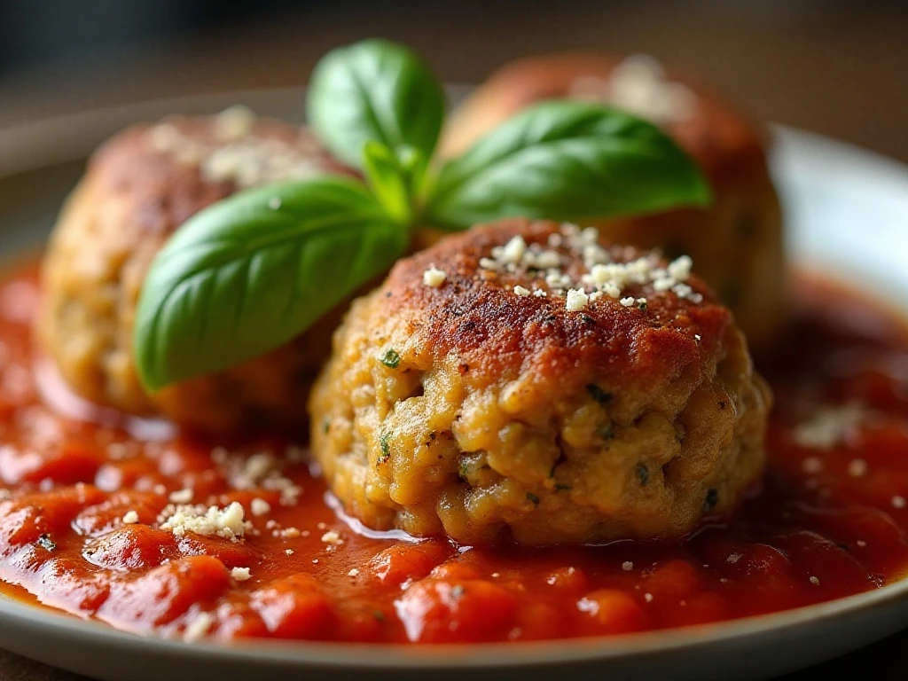 Vegetarian meatballs garnished with basil and Parmesan