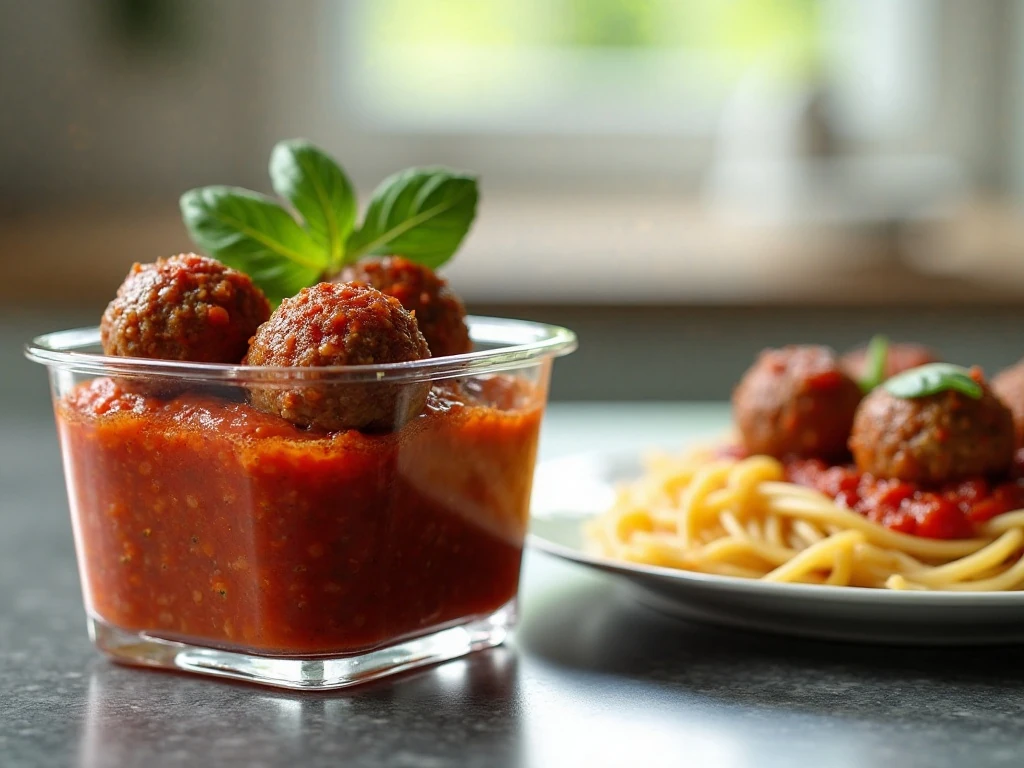 Stored vegetarian meatballs with marinara for reheating