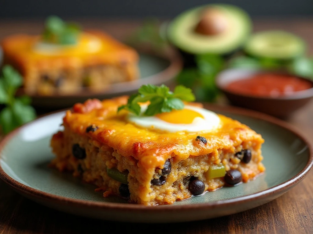 Square serving of vegetarian Mexican breakfast casserole with avocado and salsa