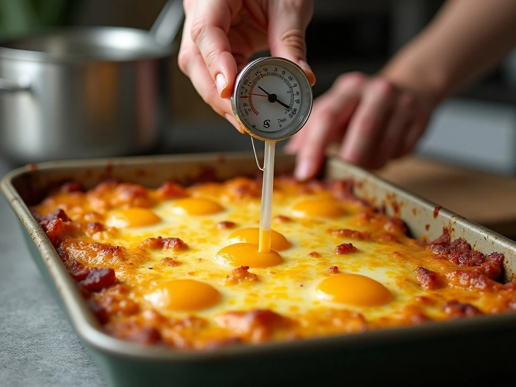 Checking the center temperature of a baked Mexican breakfast casserole