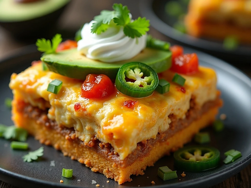 Garnished slice of vegetarian Mexican breakfast casserole with avocado and jalapeño