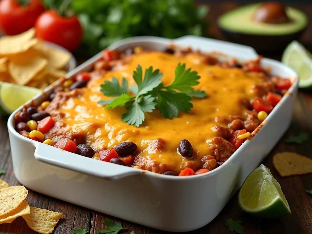 Bubbling vegetarian taco casserole with cheese, beans, corn, avocado, and lime