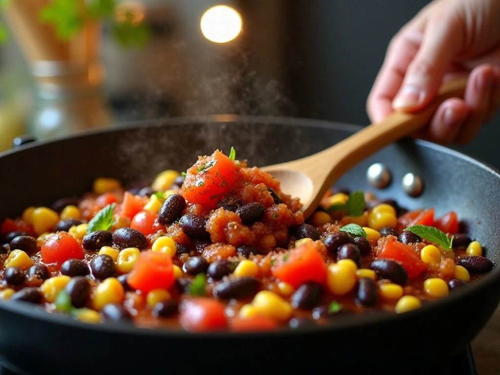 Seasoned bean and corn filling simmering for vegetarian taco casserole
