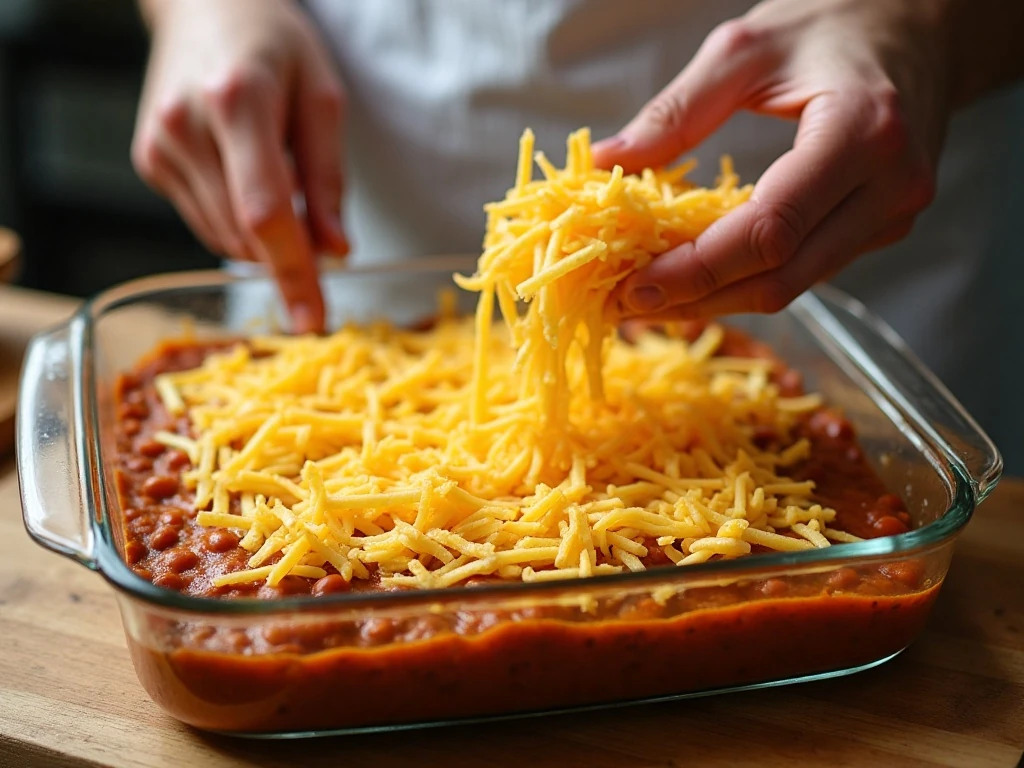 Layering tortilla chips, bean filling, and cheese for taco casserole