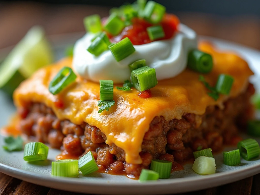 Vegetarian taco casserole serving with avocado cilantro lime and salsa