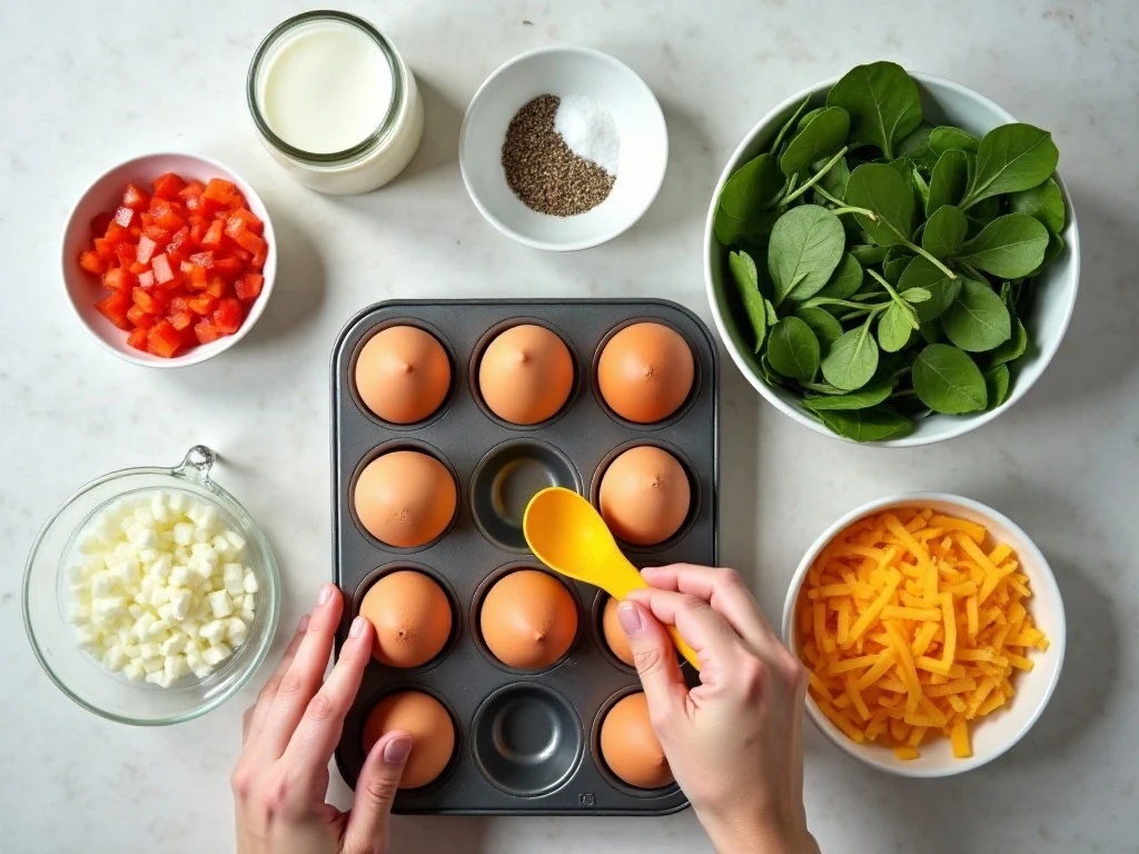 Ingredients for easy veggie breakfast cups arranged beside a muffin pan