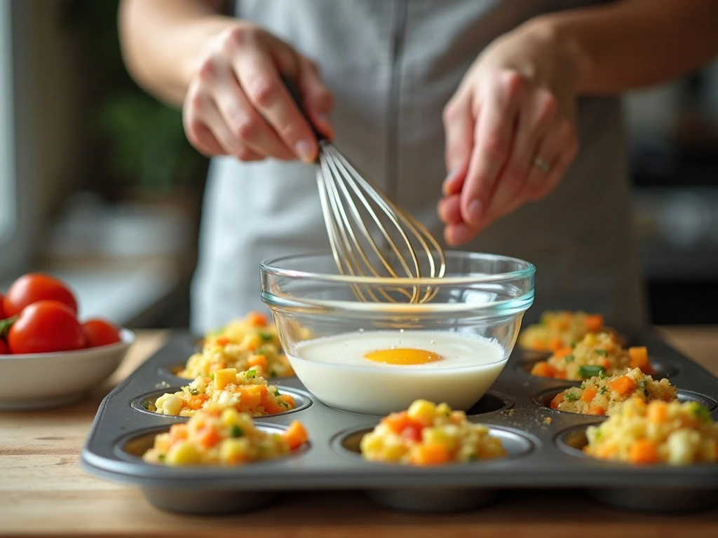 Whisking the seasoned egg mixture for veggie breakfast cups