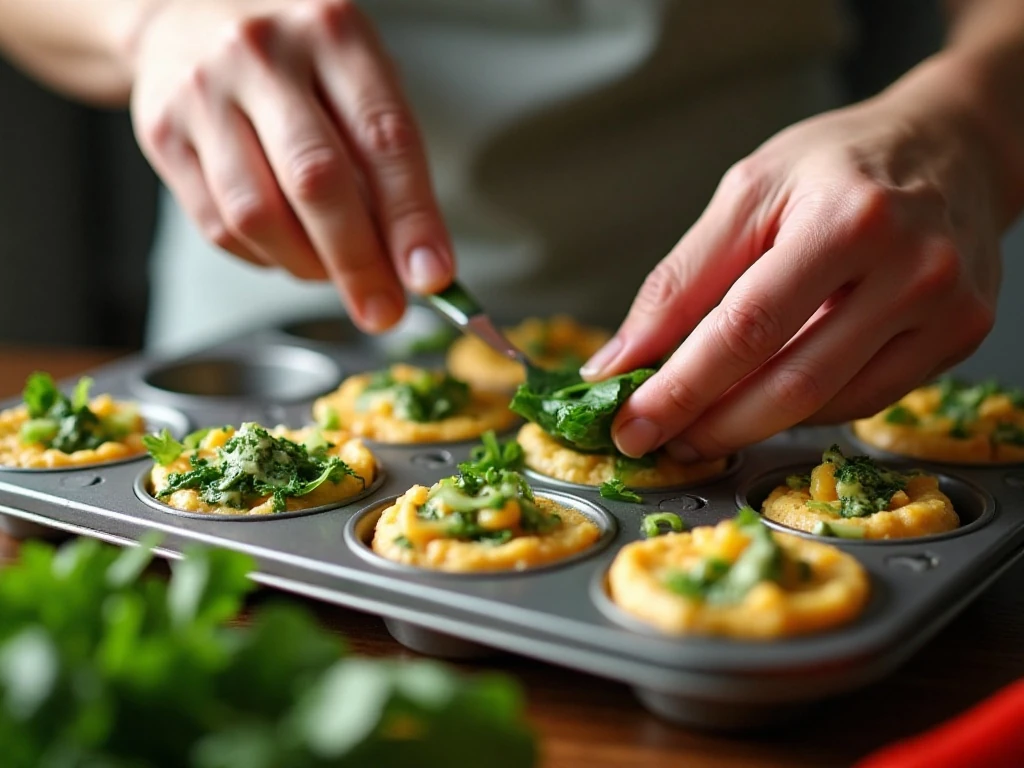 Finely chopped vegetables portioned into a muffin pan for egg cups