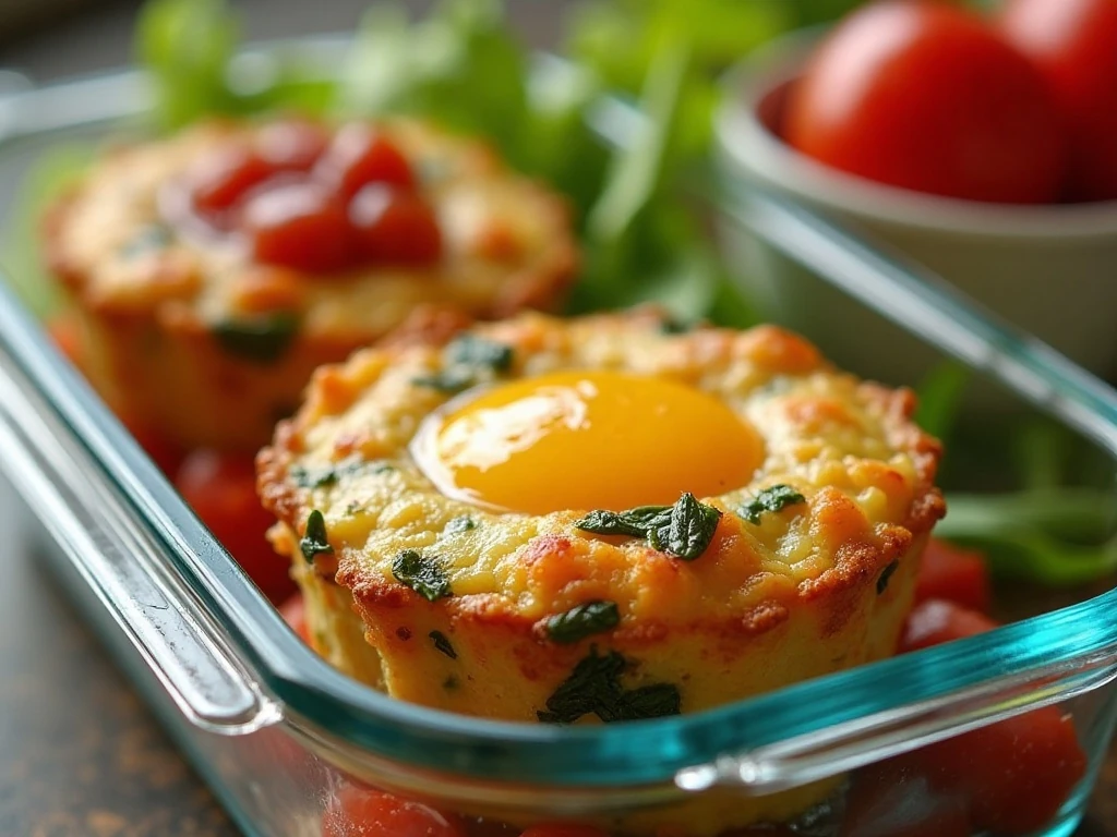 Meal-prep veggie breakfast cups served with fruit and salsa