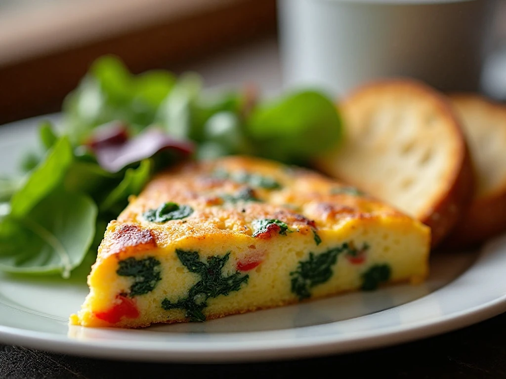 Golden veggie frittata wedge served with salad and toast