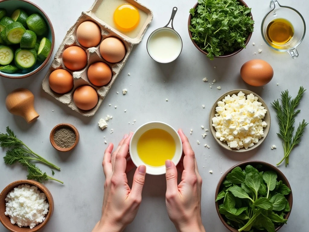Ingredients for an easy veggie frittata arranged on a counter