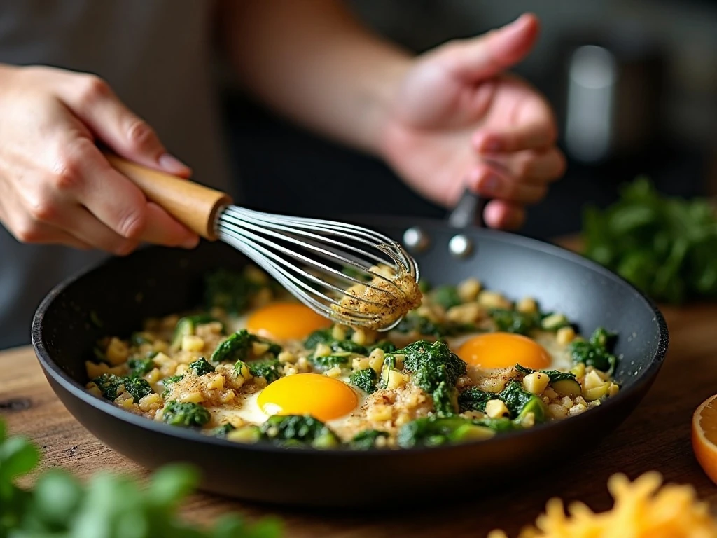 Preparing the egg mixture and sautéed vegetables for frittata