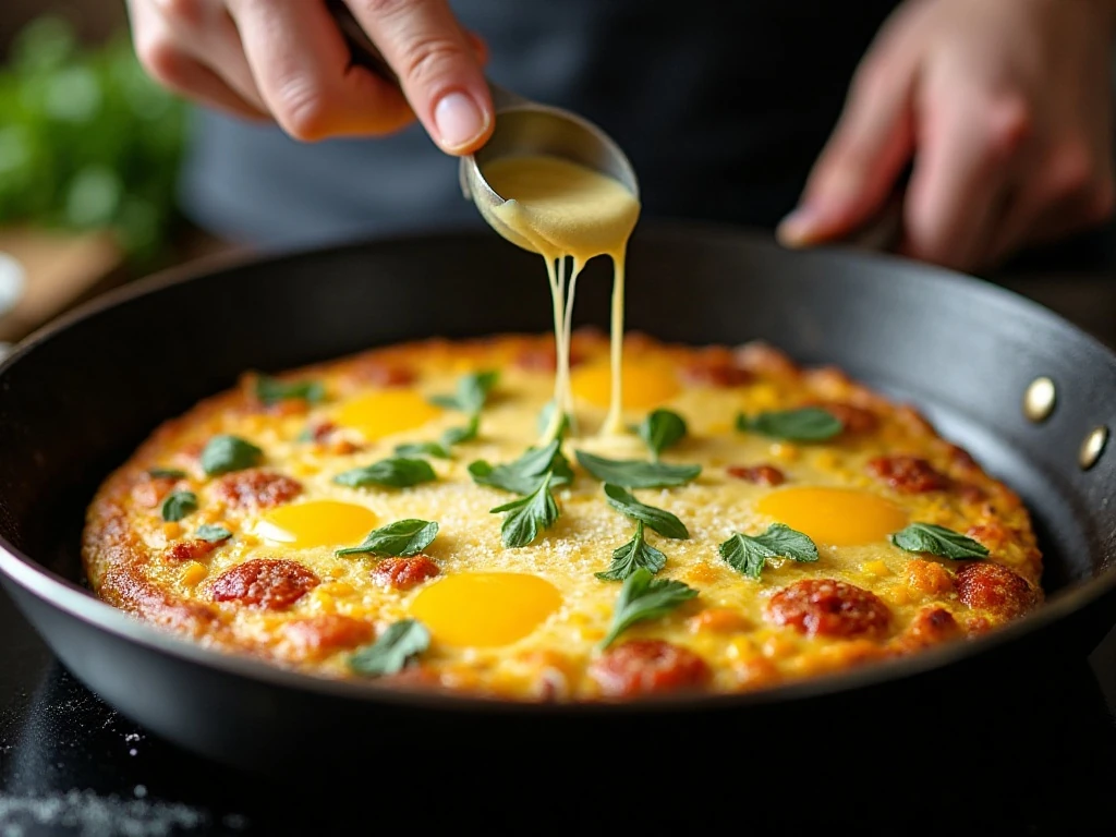 Frittata with set edges and a slightly soft center before finishing