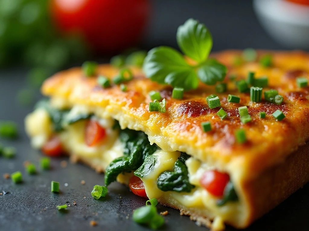 Close-up veggie frittata wedge garnished with fresh herbs