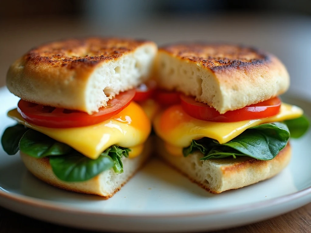 Veggie-packed freezer breakfast sandwich cut in half with egg, spinach, peppers, onion, and melted cheese