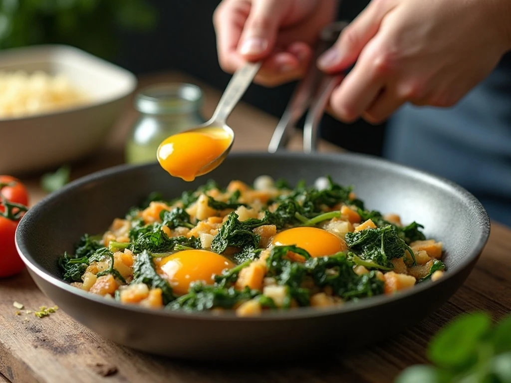 Sautéed vegetables and whisked eggs prepared for a freezer breakfast sandwich egg bake