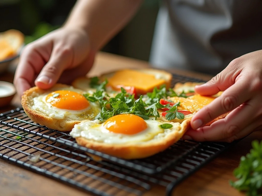 Baked vegetable egg portions cooling before breakfast sandwich assembly