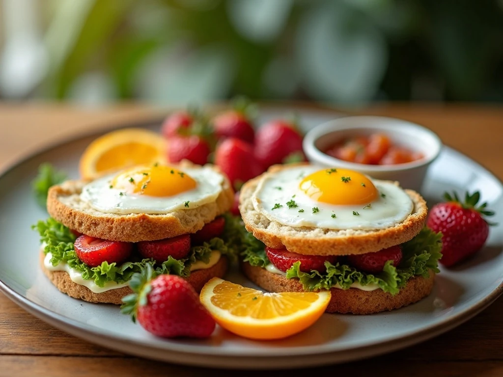 Veggie-packed breakfast sandwiches served with fruit and salsa