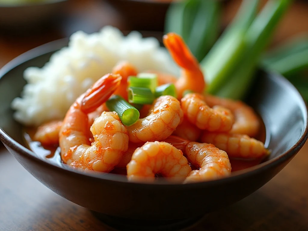 Tender velvet shrimp served with rice and vegetables