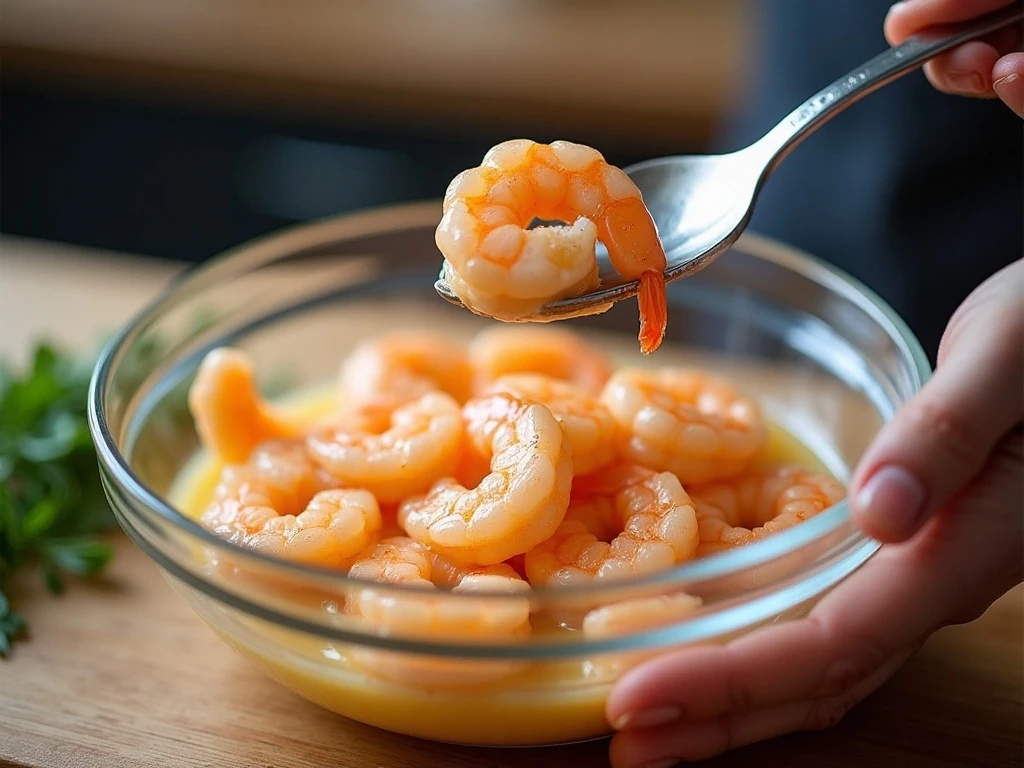 Shrimp coated in the egg white and cornstarch velveting mixture