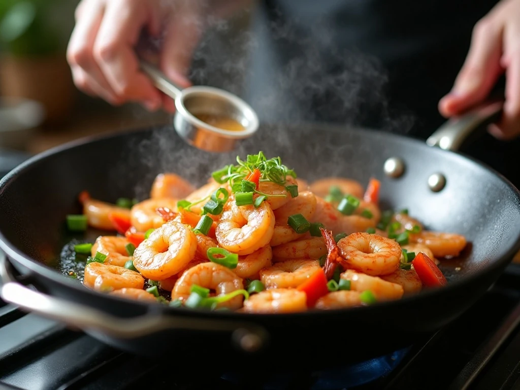 Velvet shrimp cooking with garlic ginger and scallions