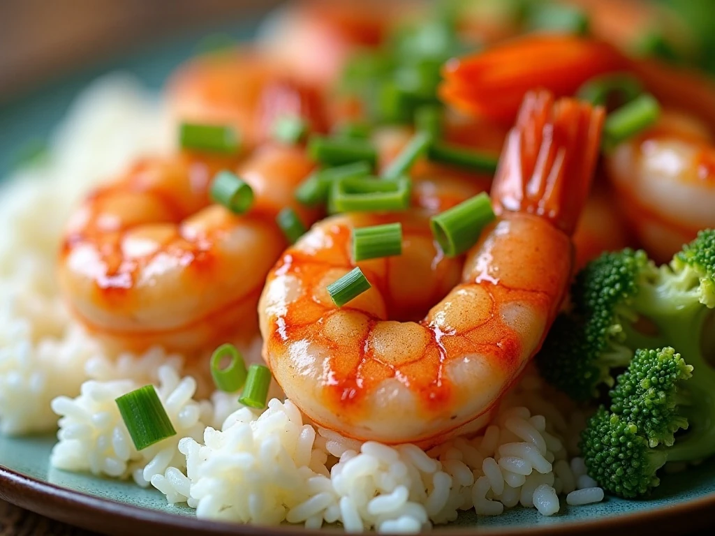 Velvet shrimp garnished with scallions and served with rice