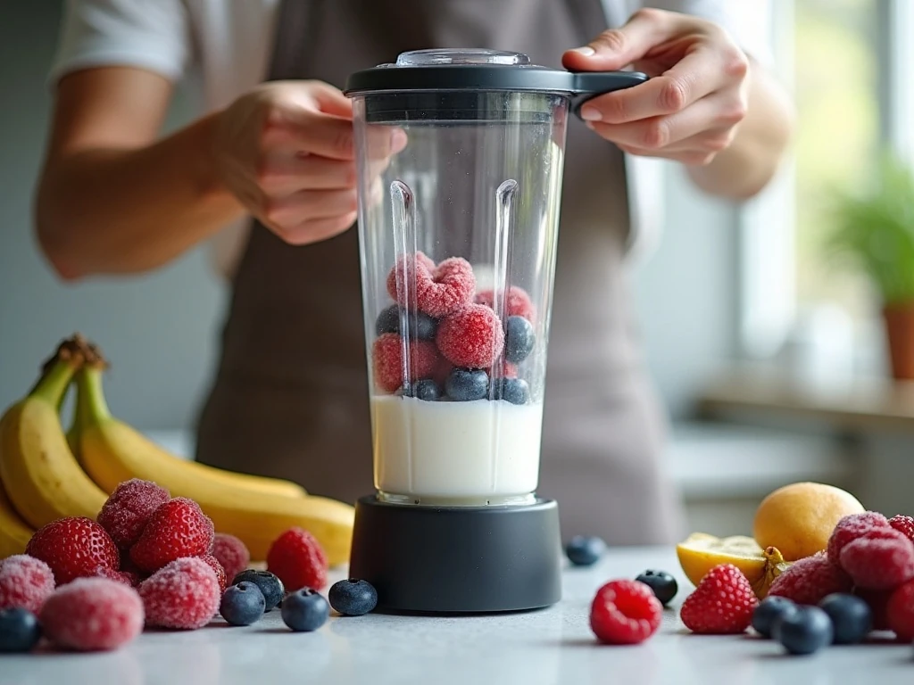 Adding frozen berries and yogurt to a blender for a smoothie bowl
