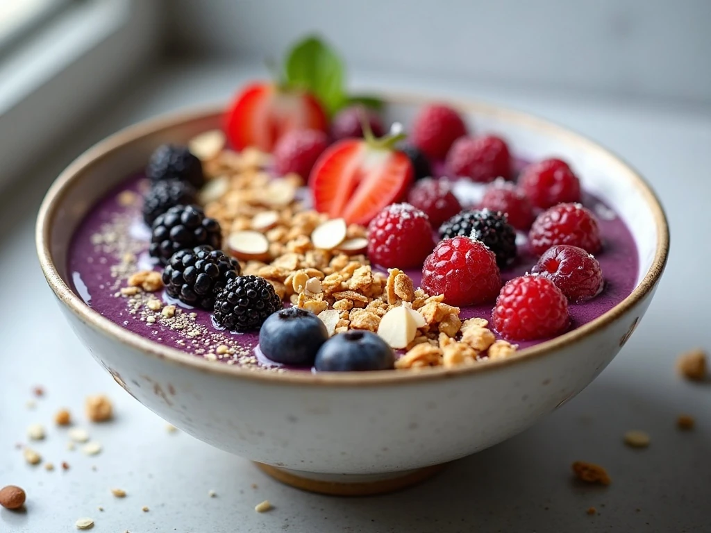 Finished easy very berry smoothie bowl with fresh toppings